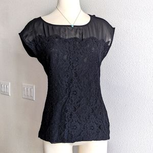 Willie Smith Black Cap Sleeve Lace Mixed Media Top